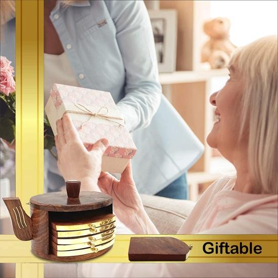 Wood Kettle Shape Coasters for Tea Cups Coffee Mugs Beer Cans Bar Tumblers or Water Glasses Set of 6, Brass Embedded Design Coaster