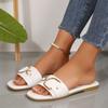 New Slippers Classic Temperament Solid Color Metal Decoration Square Head Flat Sandals