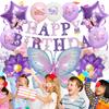 Purple Butterfly Theme Birthday Balloon Set with Pull Flag and Foil Balloons
