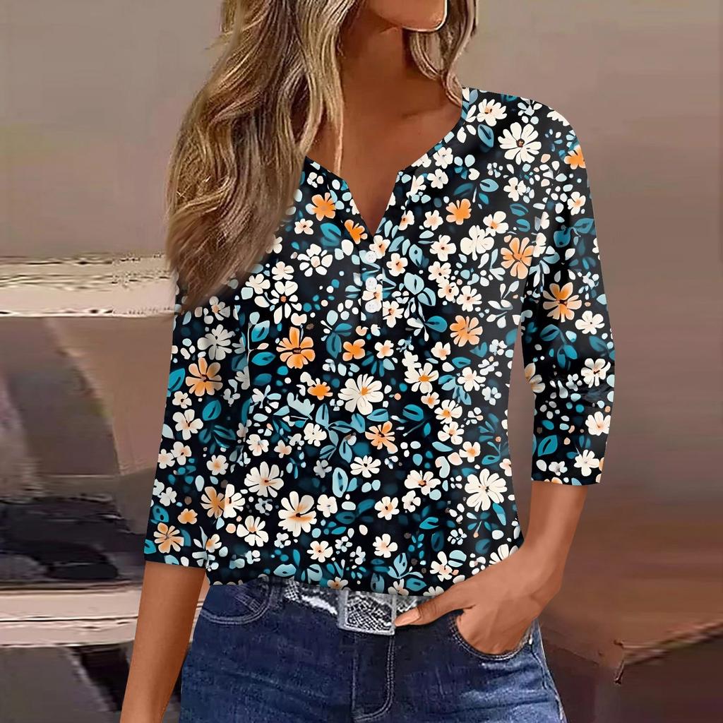 Dámské tričko s potiskem, knoflíky, 3/4 rukávy, pro každý den, na víkend, módní, základní, s výstřihem do V, běžný top