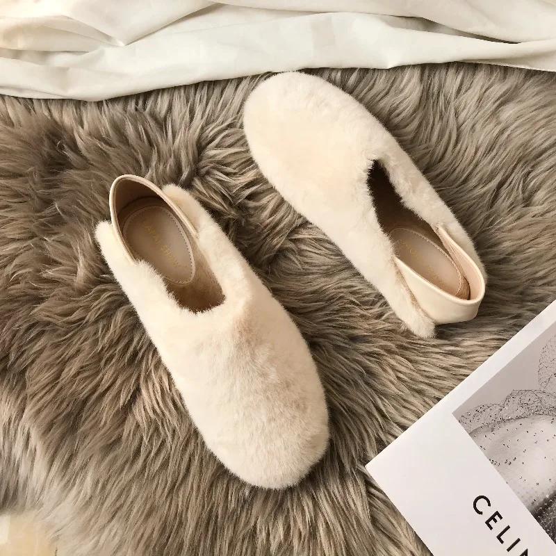 Downy Slip On Loafers Women Warm Winter Flat Fluffy Shoes Soft Sole Beige Fur Moccasins Mom Granny Furry Ballet Flats