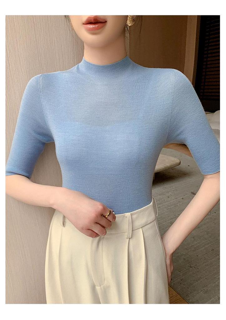 Women's Slim-Fit Knitted Sweater: New Spring Style, Yangzi Yarn, Half-High Collar, Five-Point Sleeves