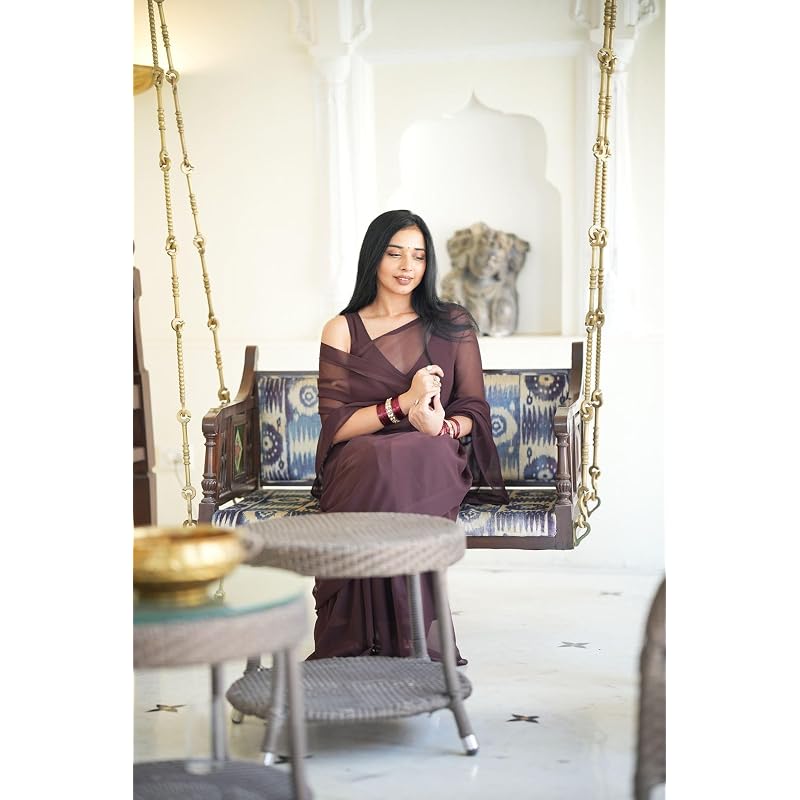 Stylescope Women' Plain Georgette Ready To Wear One Minute Saree With Unstitched Blouse Piece (Kalki Maroon Maroon Free