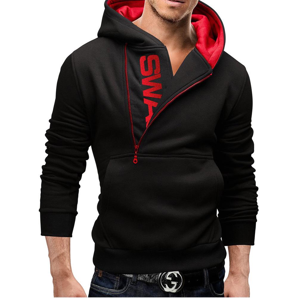 2024 Men's Black Color Block Pullover Hoodie with Side Zipper