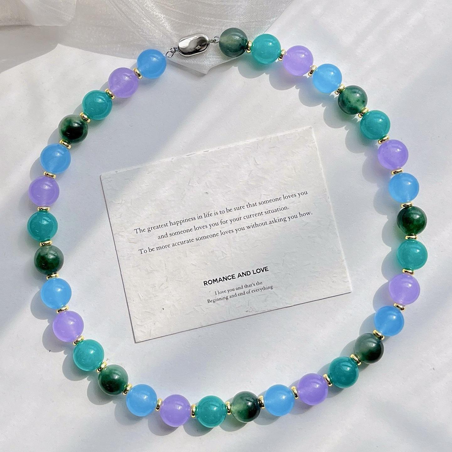 12Mm Happy Teal Dopamine Dazzling Summer Quartz Rock Bracelet Necklace Set