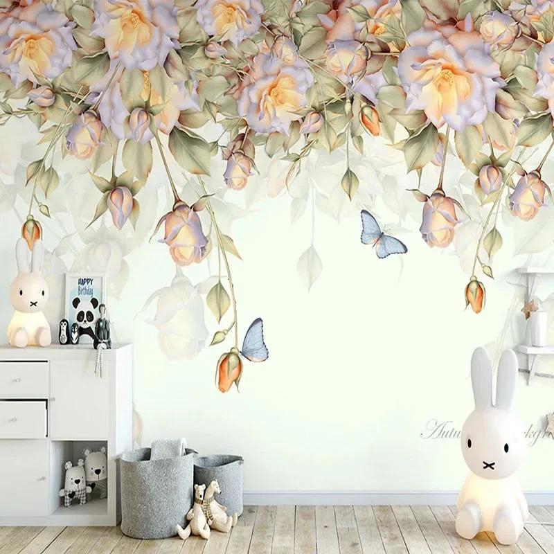 Wallpaper European Hand-Painted Oil Painting Rose Butterfly Mural Living Room Tv Sofa Bedroom Mural