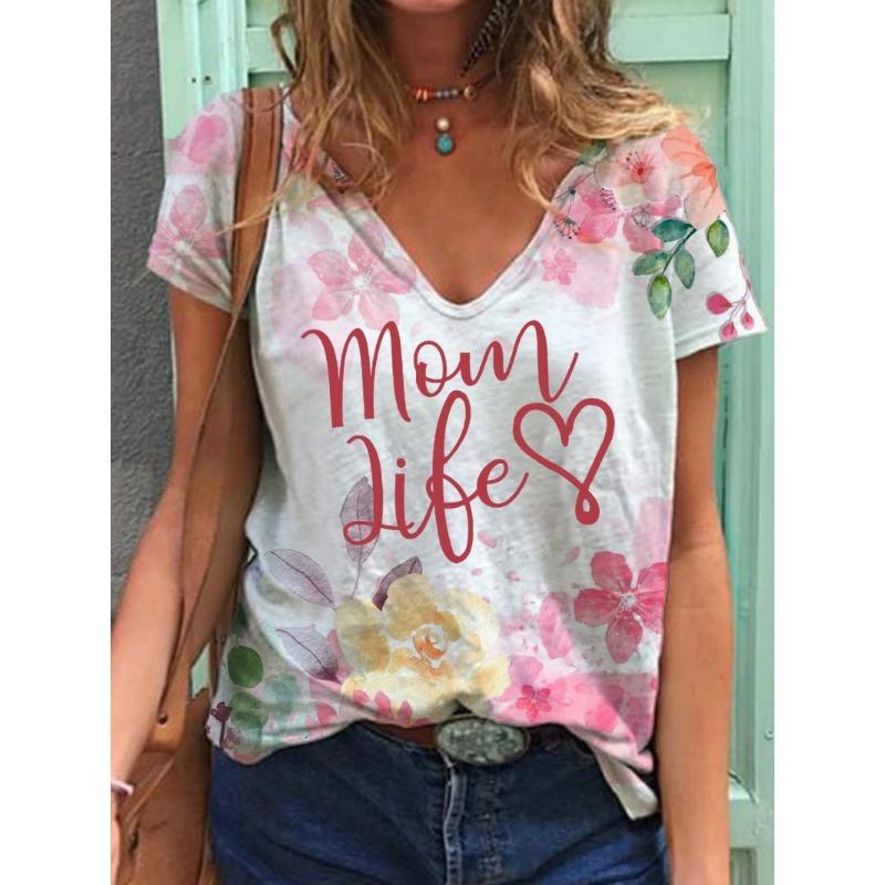 Summer V-neck 3D Mother's Day Alphabet Flower Printed Top Fashionable Casual Short Sleeved Women's T-shirts