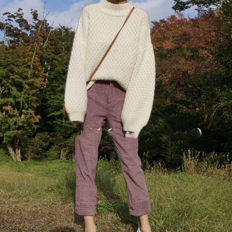 Soft White Sweater Women's Autumn and Winter Thick Round Neck Bubble Sleeve Soft Style Loose Knit Autumn and Winter