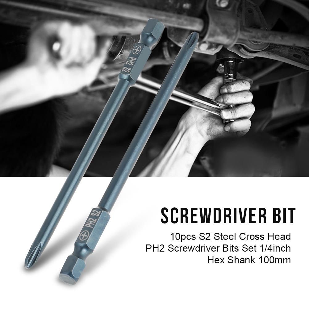 10pcs S2 Steel Cross Head PH2 Screwdriver Bits Set 14inch Hex Shank 100mm
