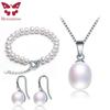 Hot Sale 925 Sterling Silver Women Jewelry Set,Pendants&Earrings&Bracelet,Natural Freshwater Pearl,Bread Round Shape 2019