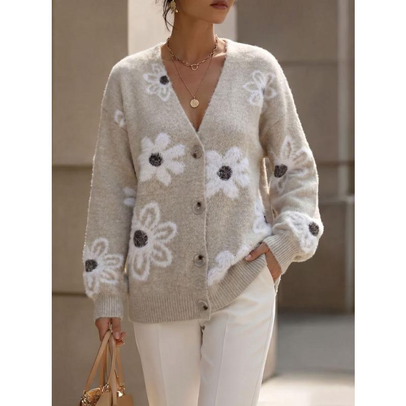 V Neck Long Sleeve Flower Pattern Knit Cardigan Sweater