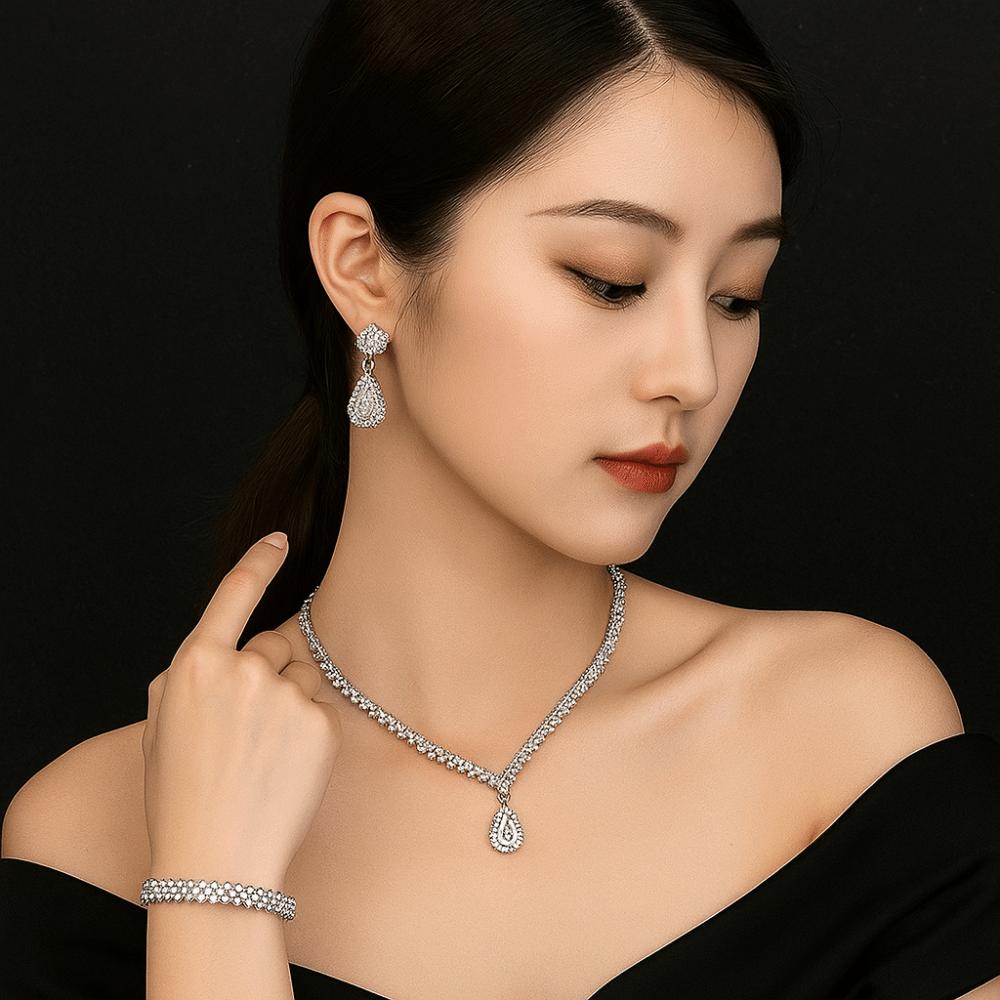 Zircon Necklace Earring Set Luxury Rhinestone Bracelet Trendy Bridal Jewelry Set  Wedding