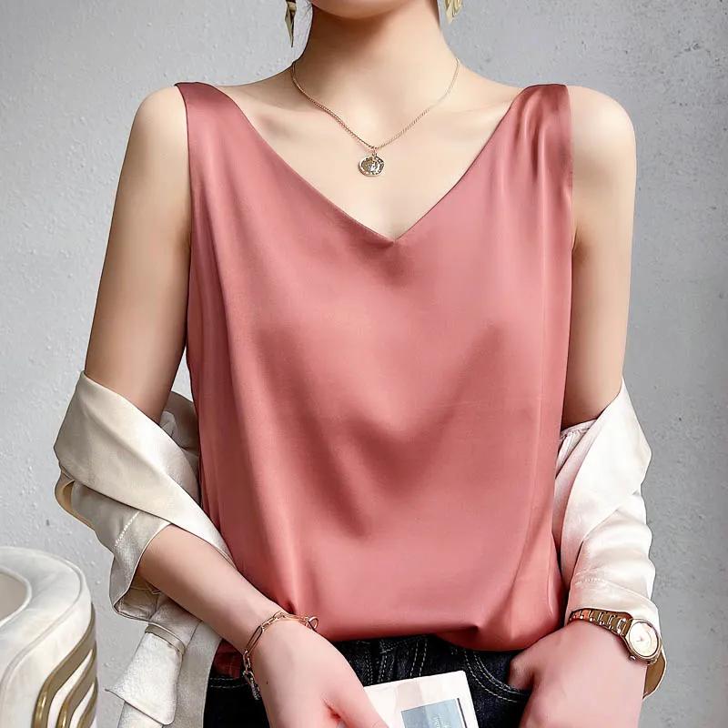Canotta da donna con cinturino e scollo a V, canotta basic in seta senza maniche, canotta estiva femminile taglie forti