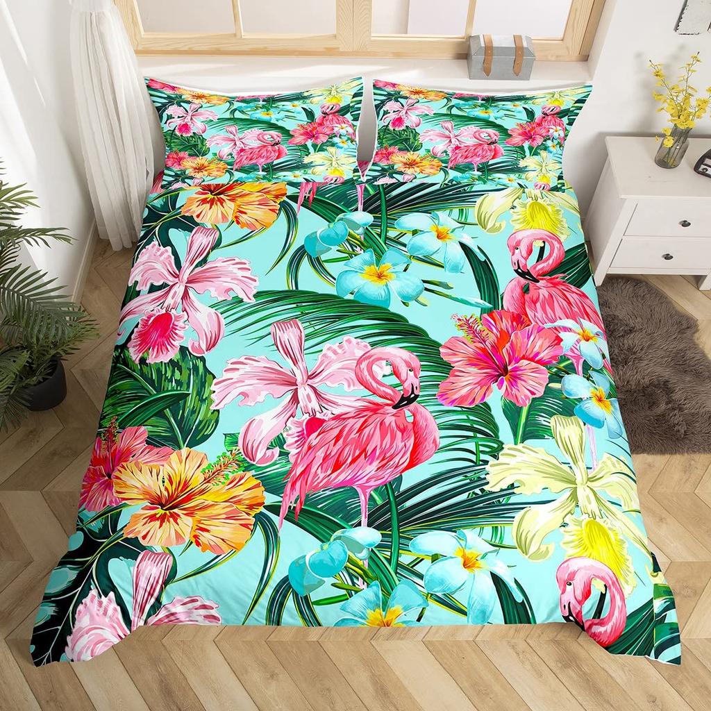 Chic Flamingo Duvet Cover Queen Beach Theme Tropical Animal Bedding Set, Coastal Sunset Comforter Cover Cute Wildlife Bed Set