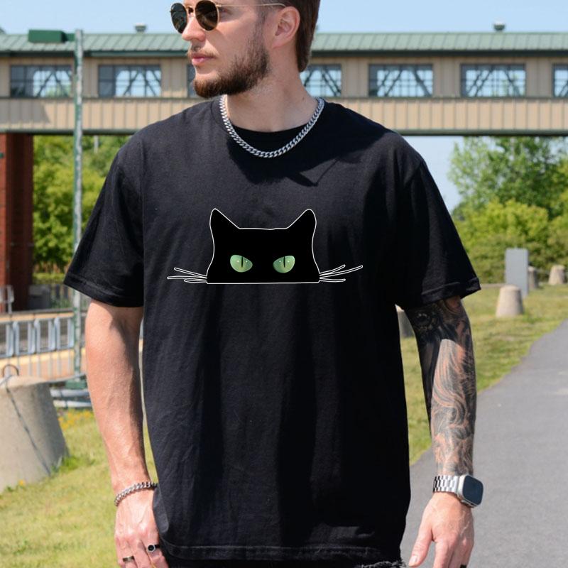 Cat Men Cotton T-Shirt Shy Kitten Cartoon Pattern Print Summer Round Neck Breathable Casual Short Sleeve Fashion T-Shirt