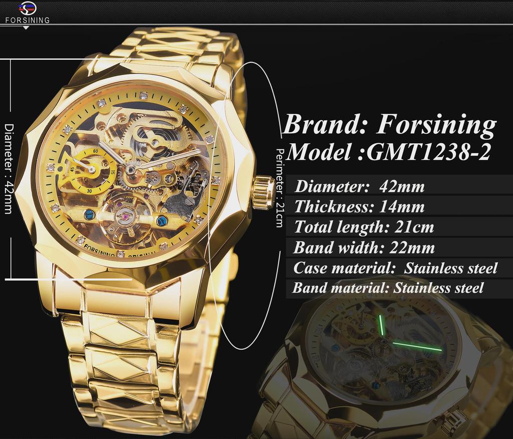 Automatikuhr für Herren, wasserdicht, luxuriöse, goldene Skelett-Armbanduhr aus Edelstahl, Herrenuhren