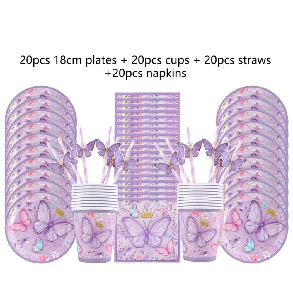 Purple Butterfly Party Supplies Disposable Tableware Set Paper Plates Cups Napkins Banner Girl Happy Birthday Baby Shower Decor