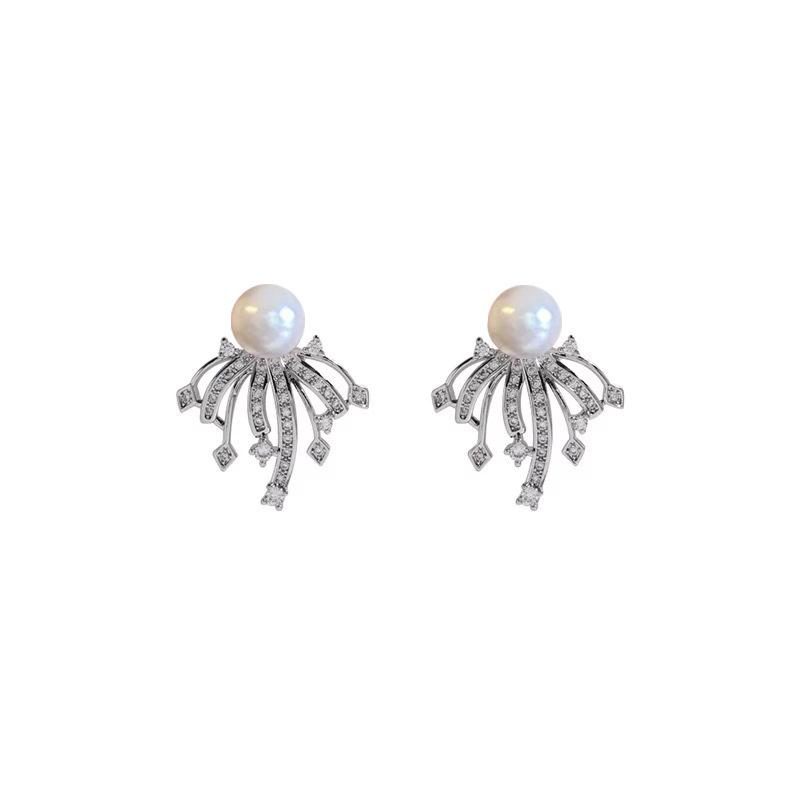 New Zircon Fireworks Light Luxury Exquisite Pearl Stud Earrings Female Cute Without Ear Holes Mosquito Coil Disc Ear Clips Niche High Sense