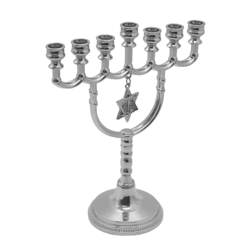 Hanukkah Menorah 7 Branch Holder Stand with Hexagonal Star Pendant X3UC