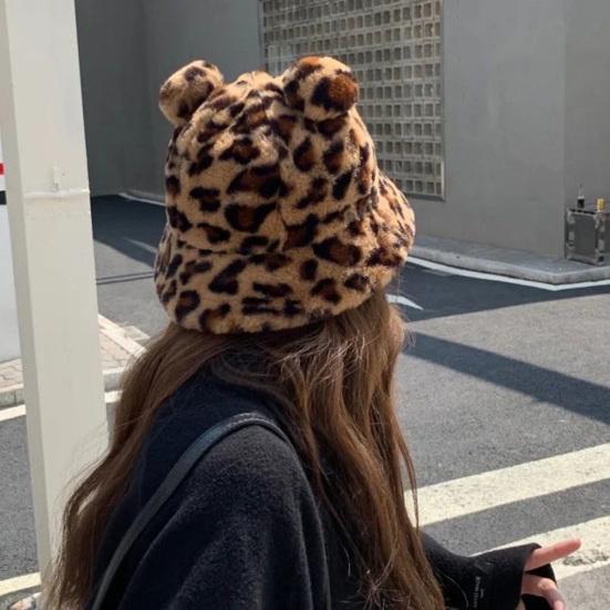 Sombrero de Pescador Orejas de Oso Bola de Felpa Engrosada Otoño Invierno Leopardo Bola de Felpa Gorro Cubeta para Exteriores