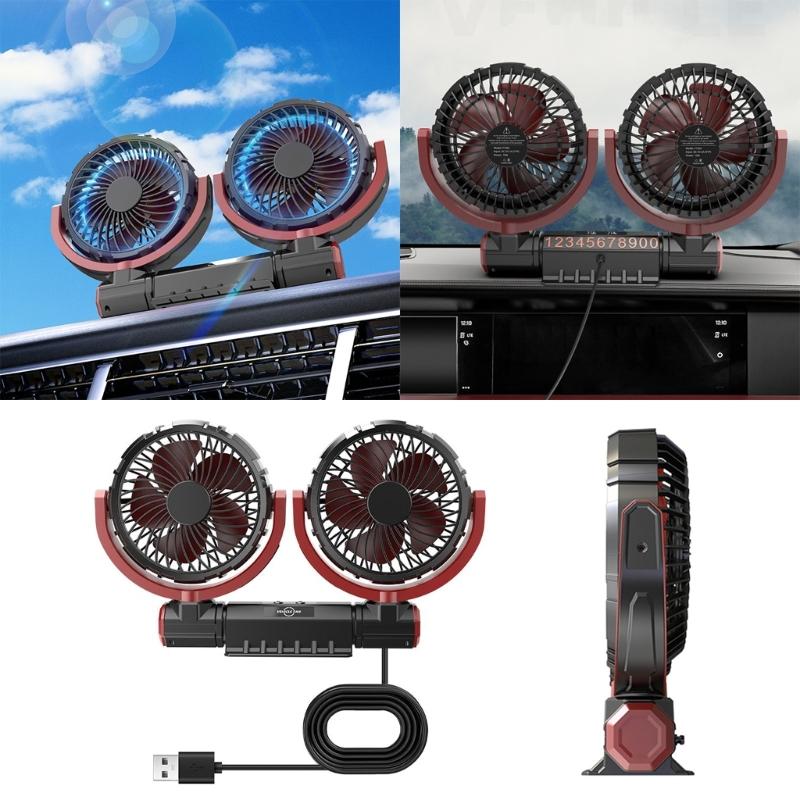 Car Fan Double Head USB Fan for Car, Vehicle Cooling Fan Brushless Motor 3 Speed, 360Rotation, for Car Dashboard