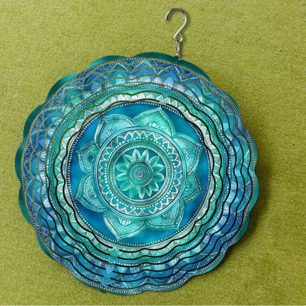 1pc 10-Inch Hanging Wind Chime with 360° Swivel Hook - Vibrant Blue & Green Mandala Design, Artistic Garden Decoration for Spring & Summer
