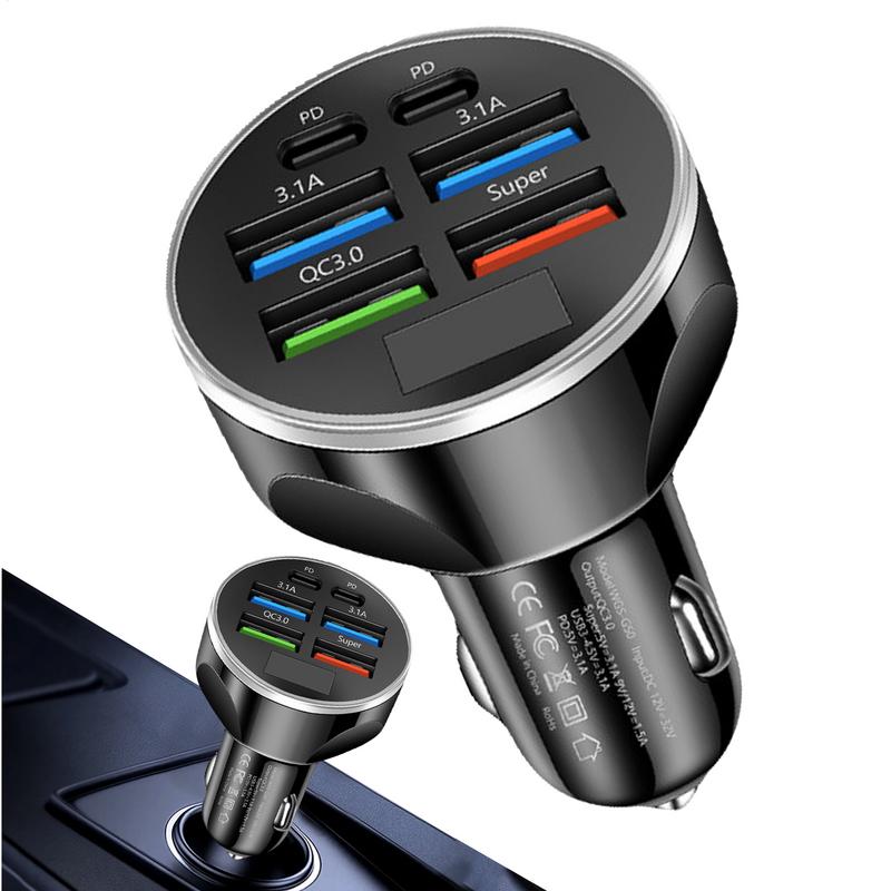 Car Charger Port Digital Display Car Charger with 6 Charging Ports Colorful Lights Charging Supplies Multifunctional Snap Lock