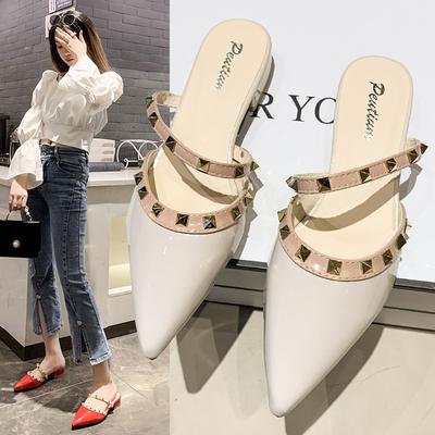 Fashion Rivet Bag Head Half Slippers Women's Outer Wear 2025 Spring New Versatile Low-heeled Pointed Thick-heeled Cool Slippers Summer