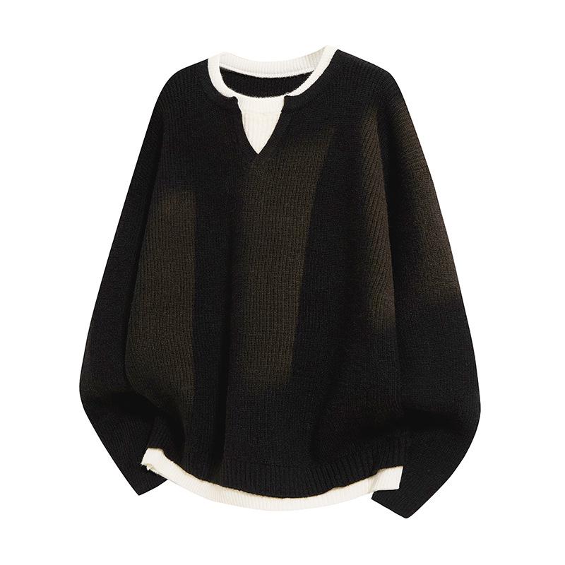 Men s Trendy V-Neck Two-Piece Look Loose Warm Sweater 2XL