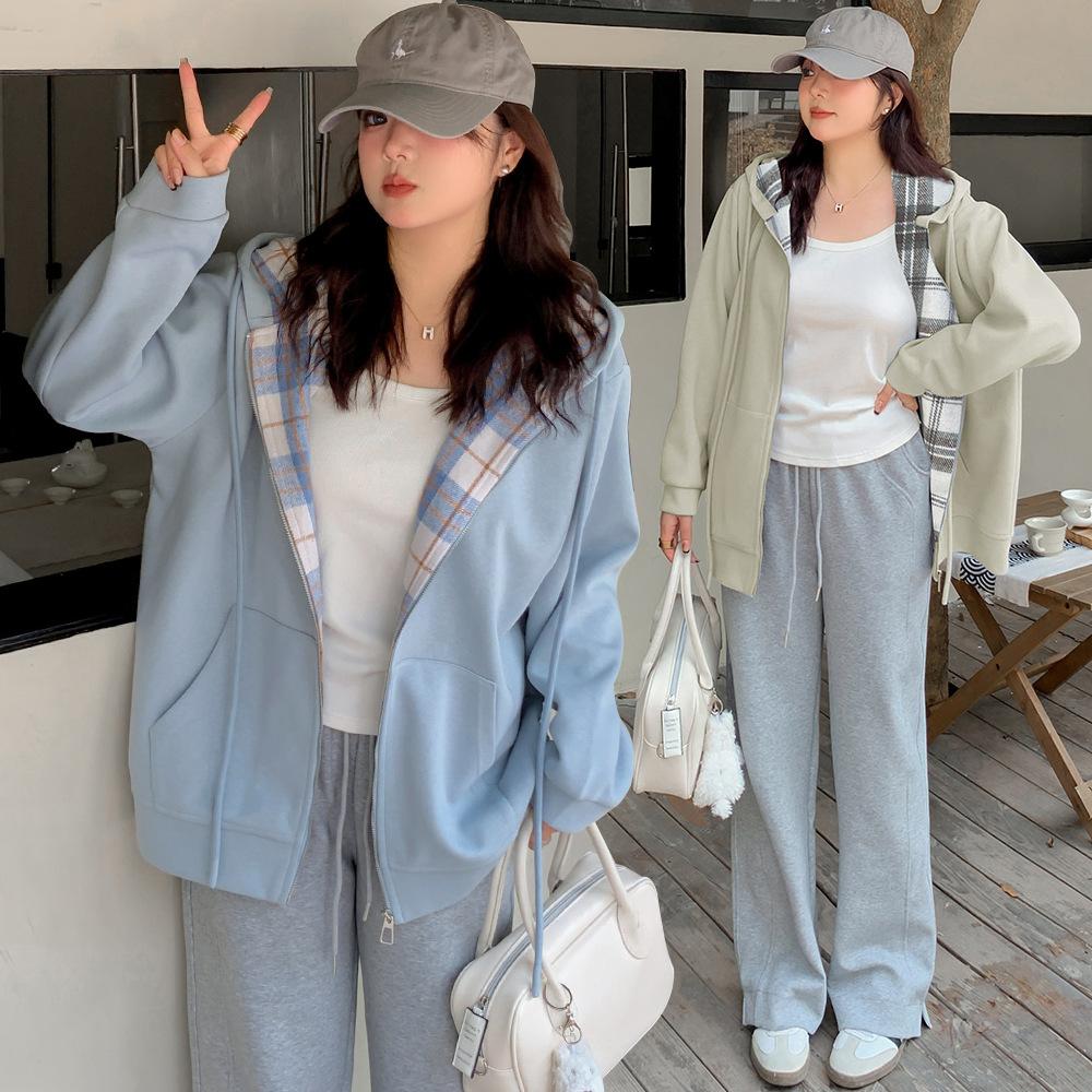 Women's Hooded Zip Up Hoodie Jacket Loose Fit Plus Size Plaid Lined Contrast Casual Long Sleeve Outerwear For Autumn
