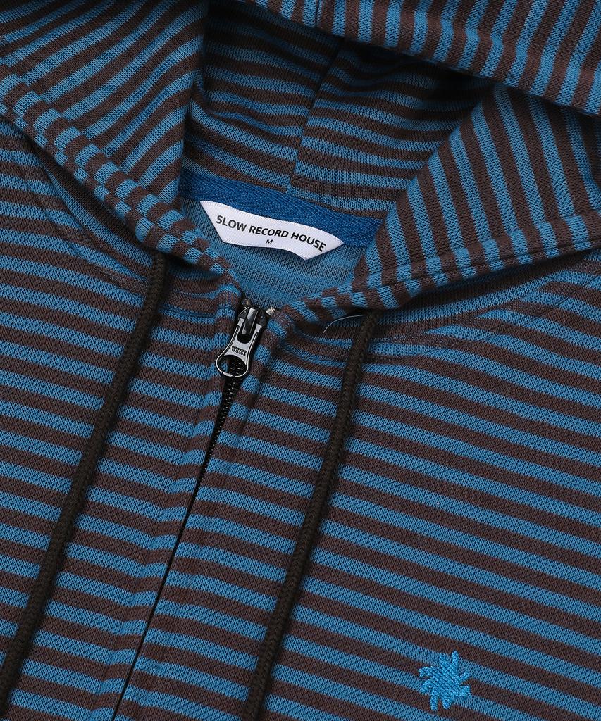 Slow Record House Striped Knit Zip-Up Hoodie_Blue