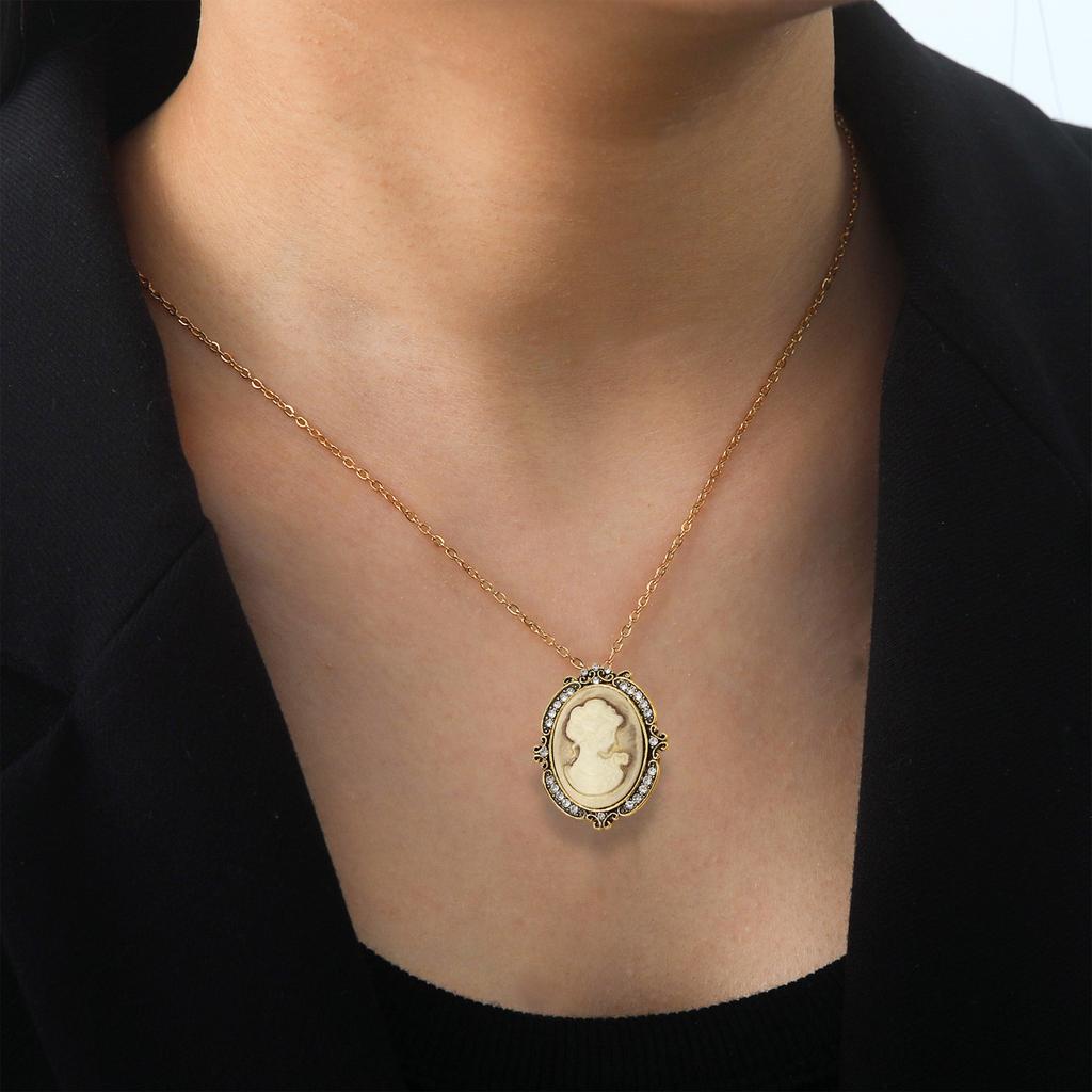 Oval Cameo Pendant Necklace with Crystal Rhinestones Handmade Vintage Jewelry Accessory Stylish Outfit Enhancer