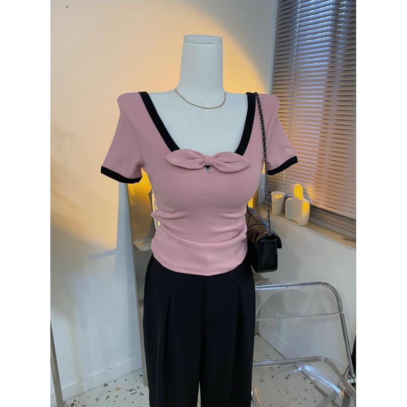 Low U-neck Large Collar Ribbed Cotton Short-sleeved T-shirt for Women's Summer New Color-contrast Reversible Tops