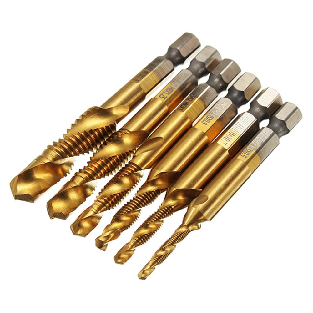 6pcs M3-M10 HSS Screw Thread Metric Tap Drill Bits Metal Drill Bit Set Hex Shank Compound Tap Tools for Mechanic