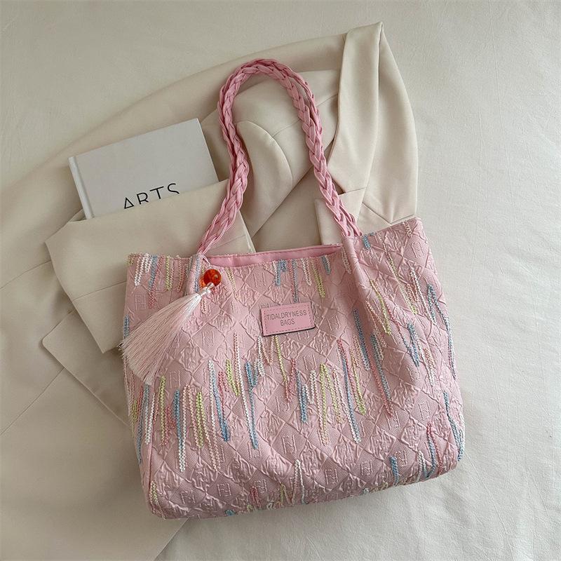 Class Commuting Simple And Fashionable Large-Capacity Bag Women'S Casual Striped Shoulder College Student Tote Bag