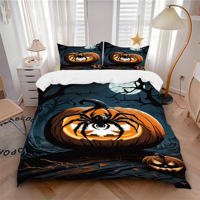 3pcs Spider-themed Jack-o'-lantern Duvet Cover Set - Includes 1 Duvet Cover and 2 Pillowcases, No Quilt Core, All-Season Home Decor Yy251111019