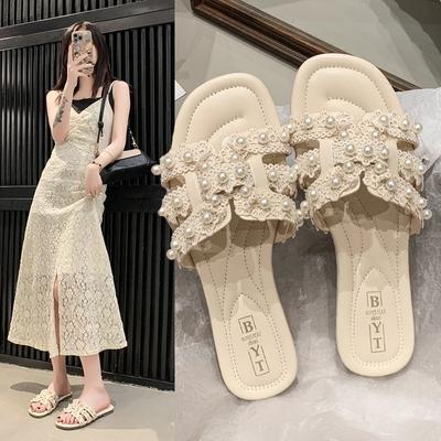 Internet Celebrity Small Fragrant Wind Pearl Slippers Women's Summer New Wear Flat Beach One Word Sandals Fashion with Skirt