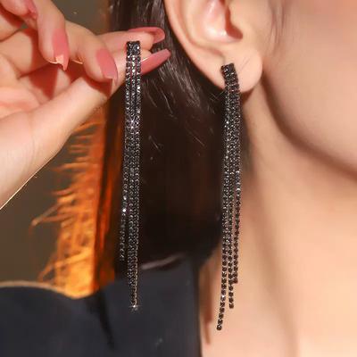 Fashion Shiny Full Diamond Long Tassel Earrings Senior Sense Of Temperament Rhinestone Earrings Women's High-Grade Earrings 1 Pair