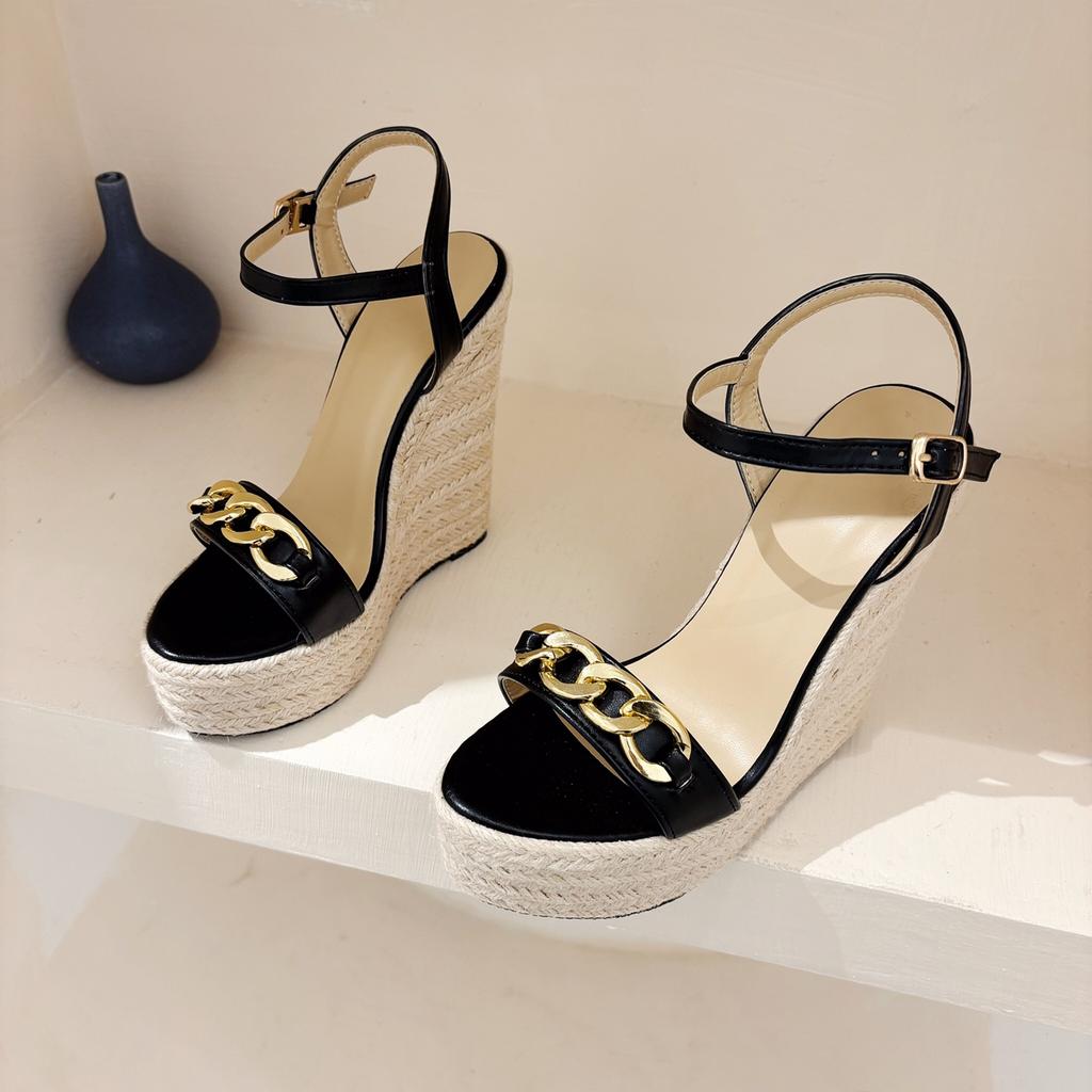 2026 Summer Open Toe CHAIN Solid Platform Wedges Woman Sandals Fashion Hollow Out Thick Bottom High Heels Shoes
