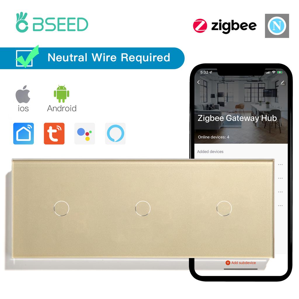 BSEED zigbee 1/2/3Gang Smart Touch Switches Tuya Smart Life App Control Plus Normal Power Sockets EU Standard Neutral Required