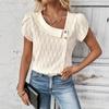 Women Elegant Solid Color Slanted Collar Short Sleeve Casual Blouse
