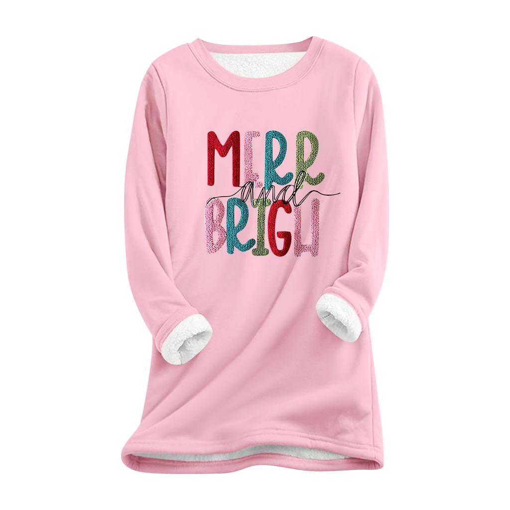 Women's Round Neck Top Printing Thickened Plush Cashmere Warm Long Top