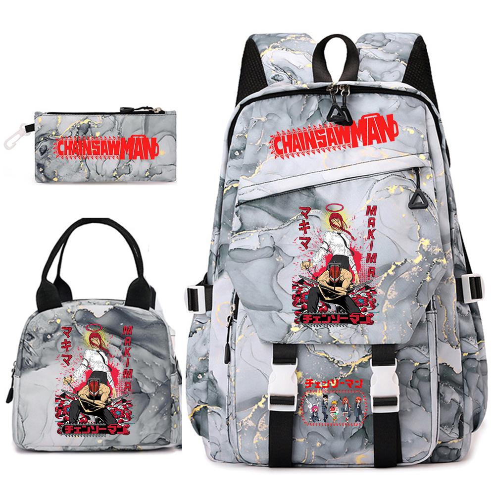 Chainsaw Man Anime Print Student Backpack Set for Girls with Lunch Bag Pencil Case School Daily Use
