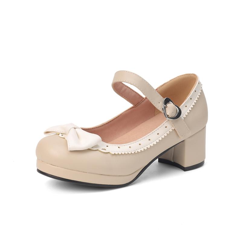 

Женские туфли-лодочки Мэри Джейн с круглым носком на платформе, толстом среднем каблуке с пряжкой и бантом, женская модная обувь, весенне-осенняя обувь бежевого, черного, розового цвета 34 бежевый
