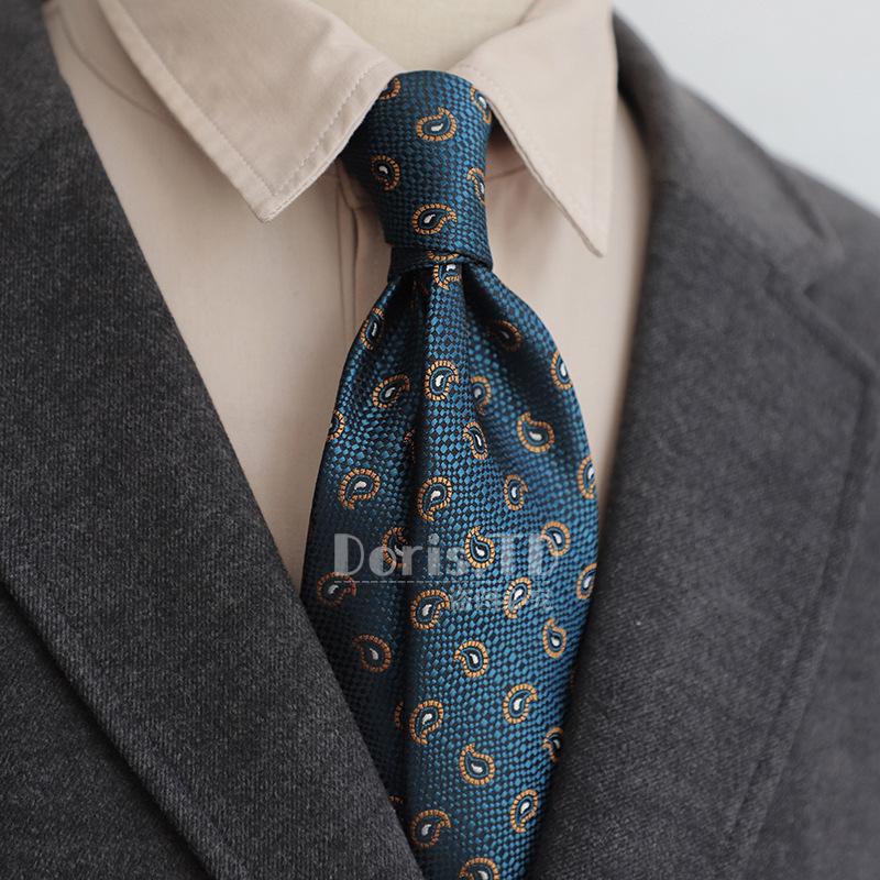 Retro Korean Style 8CM Navy Green Brown Pattern Men's Suit Tie