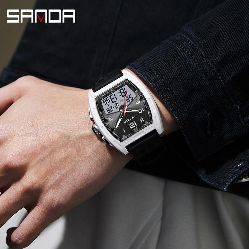 SANDA Men's Waterproof Sports Watch, Dual Display Countdown Timer, Large Barrel Dial, Luminous, with Alarm Clock Function.