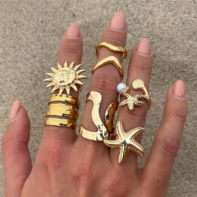 Vintage Boho Shell Pearl Starfish Open Rings For Women New Trendy Gold Color Irregular Geometric Knuckle Ring Party Jewelry Gift