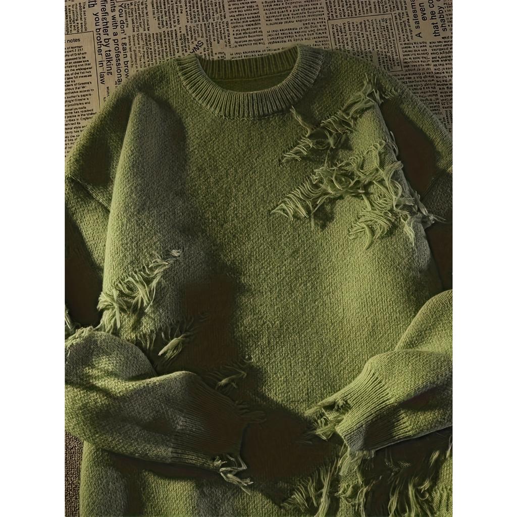 Solid Color Crew Neck Pullover Sweater, Casual Ripped Tassel Long Sleeve Knitted Sweater for Fall & Winter, Women's Clothing
