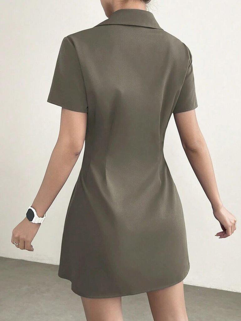 European and American Mid-length Pleated Waist Turn-down Collar Shirt Dress