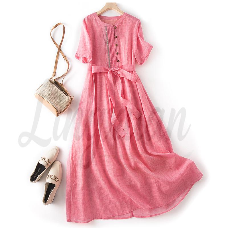 2026 Summer Ethnic Style Ramie Dress - Women s Slim-Fit, Waist-Cinching, High-End Literary Long Dress XL